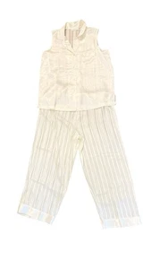 Vintage 90s Morgan Taylor Lingerie Pajamas Set Ivory Striped Button Front Wide L - Picture 1 of 7