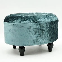 Footstool Oval Blue Velvet 22cm Luxury Upholstered Small Ottoman Stool for Home - Image 1 of 4