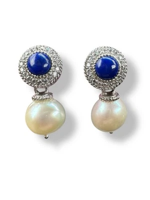 QVC Judith Ripka Lapis Lazuli Pearl CZ Sterling Silver 925 Stud Earrings - Image 1 of 4