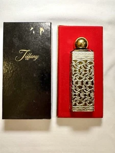 Perfume Tiffany vintage de Louangel botella de vidrio envoltura de filigrana de metal y caja vacía - Imagen 1 de 18
