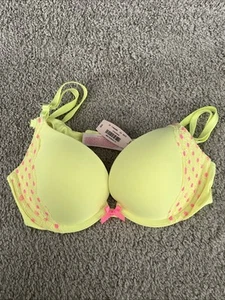 NWT RARE Victoria's Secret Body by Victoria Push Up Bra 32B, Neon Yellow w/ Lace - Picture 1 of 9
