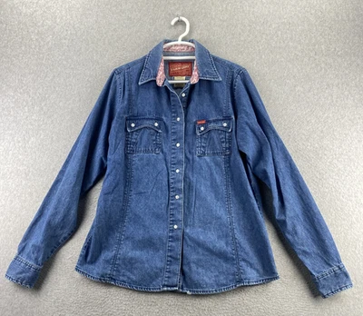 Camisa de mezclilla a presión forrada floral lavado oscuro Farm Girl XL manga larga algodón Top Foto 1 de 4