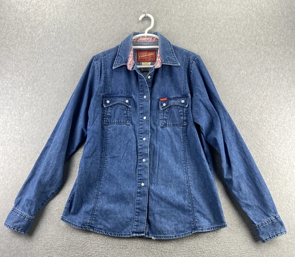 Camisa de mezclilla a presión forrada floral lavado oscuro Farm Girl XL manga larga algodón Top Foto 1 de 4