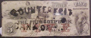 1856 5 $ "The Prescot Bank Lowell MA" veralteter Schein - Bild 1 von 2