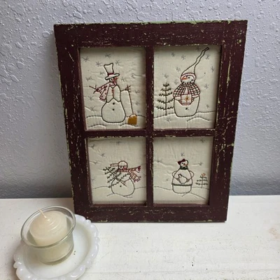 Vintage 90s Rustic Farmhouse Snowman Window Frame Embroidery Primitive Christmas - image 1 of 4