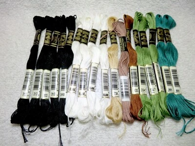 Mixed lot of 17 Skeins DMC Embroidery Floss - Black White Greens Browns - Image 1 of 4