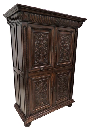 Vintage French Carved Lift Top Cocktail Cabinet With Mirrored Interior Cover