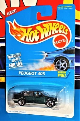 Peugeot 405 MTFLK verde oscuro Hot Wheels 1996 Mainline Release #467 con 5 SP Foto 1 de 3