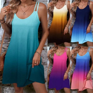 Womens Gradient Strappy Mini Dress Ladies Summer Beach Holiday Swing Sundress ⇗ - Picture 1 of 29