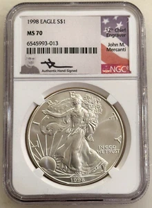 1998 $1 American Silver Eagle NGC MS70 Mercanti Signed - Problem-Free Coin - Picture 1 of 2