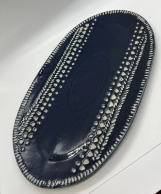 Anthropologie Azure Blue Serving Platter white oval  pottery rustic polish 13" - Image 1 of 4