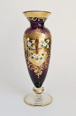 Bohemian Amethyst Aubergine Glass Vase Gold Applique Flowers Floral Vintage - image 1 of 4