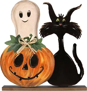 Indoor Halloween Holzschilder Kürbis Geist Tischdeko Rustikal Landhaus Deko - Bild 1 von 8