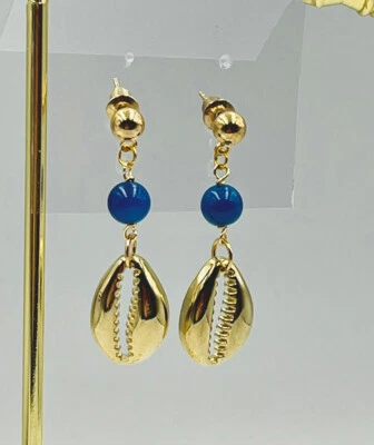 Aretes de mujer naturales de ágata azul concha de mar tono dorado joyería de moda Foto 1 de 3