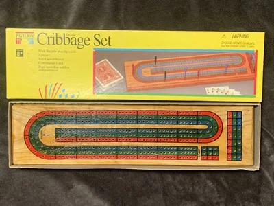 Pavilion Deluxe Cribbage Set Bicycle Cards Solid Wood Board Peg Storage - Image 1 of 3