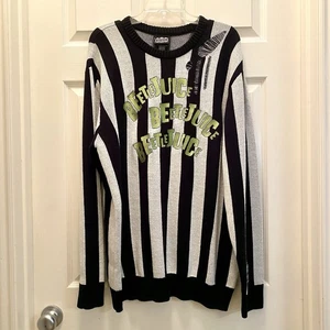 Beetlejuice Black & White Stripe Destructed Sweater Mens NWOT Size L - Picture 1 of 8