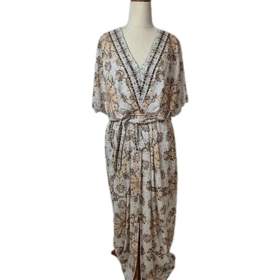 Sheike Maxi Dress Womens Size 16 White Brown Pockets Belt Lightweight Pullover - image 1 of 4