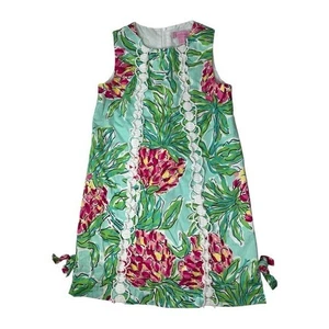 Lilly Pulitzer Girls Shift Sleeveless Dress Lace Trim Sz 8 Tropical Green Pink - Picture 1 of 5