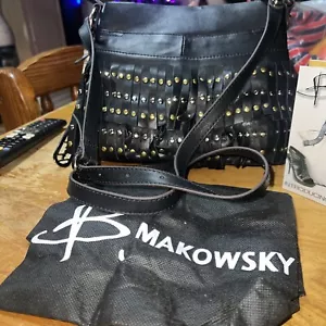 Borsa hobo nuova B. Makowski in pelle con frange nere e cover-Boho Western - Foto 1 di 8