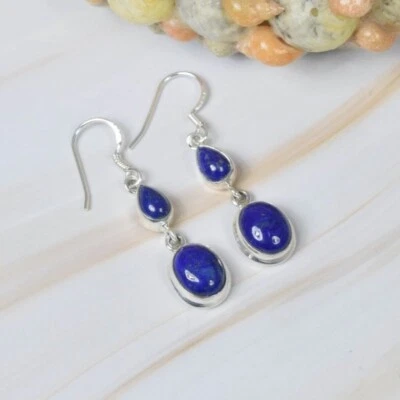 925 Argento Sterling Massiccio Naturale Lapislazzuli Gemma Donna Mano Orecchini - Immagine 1 di 4