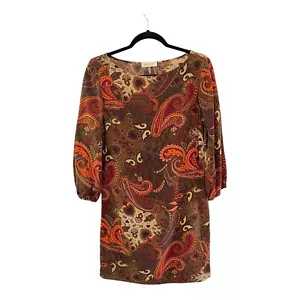 Amour Vert Size S Silk Paisley Shift Mini Dress Brown Orange Retro Vibes Career - Picture 1 of 7