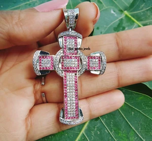 Men's Charm Cross Pendant 4 Ct Round Simulated Red Ruby 14K White Gold Plated - Picture 1 of 12