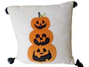 Jack O Lantern toss pillow, Halloween applique on cotton 13 x 13 fall decor - Picture 1 of 4