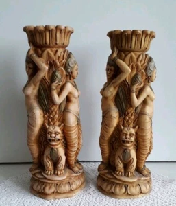 Two Vintage Resin Candle Holders with Nude Goddess, Foo Dogs, Serpent & Eagles - Picture 1 of 12