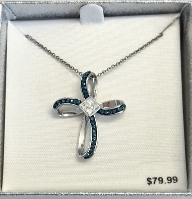 NUEVO COLLAR COLGANTE MUJER AZUL CRISTAL CLARO CRUZ LATÓN BLANCO PRECIO DE VENTA SUGERIDO POR EL FABRICANTE 79,99 $ Foto 1 de 4