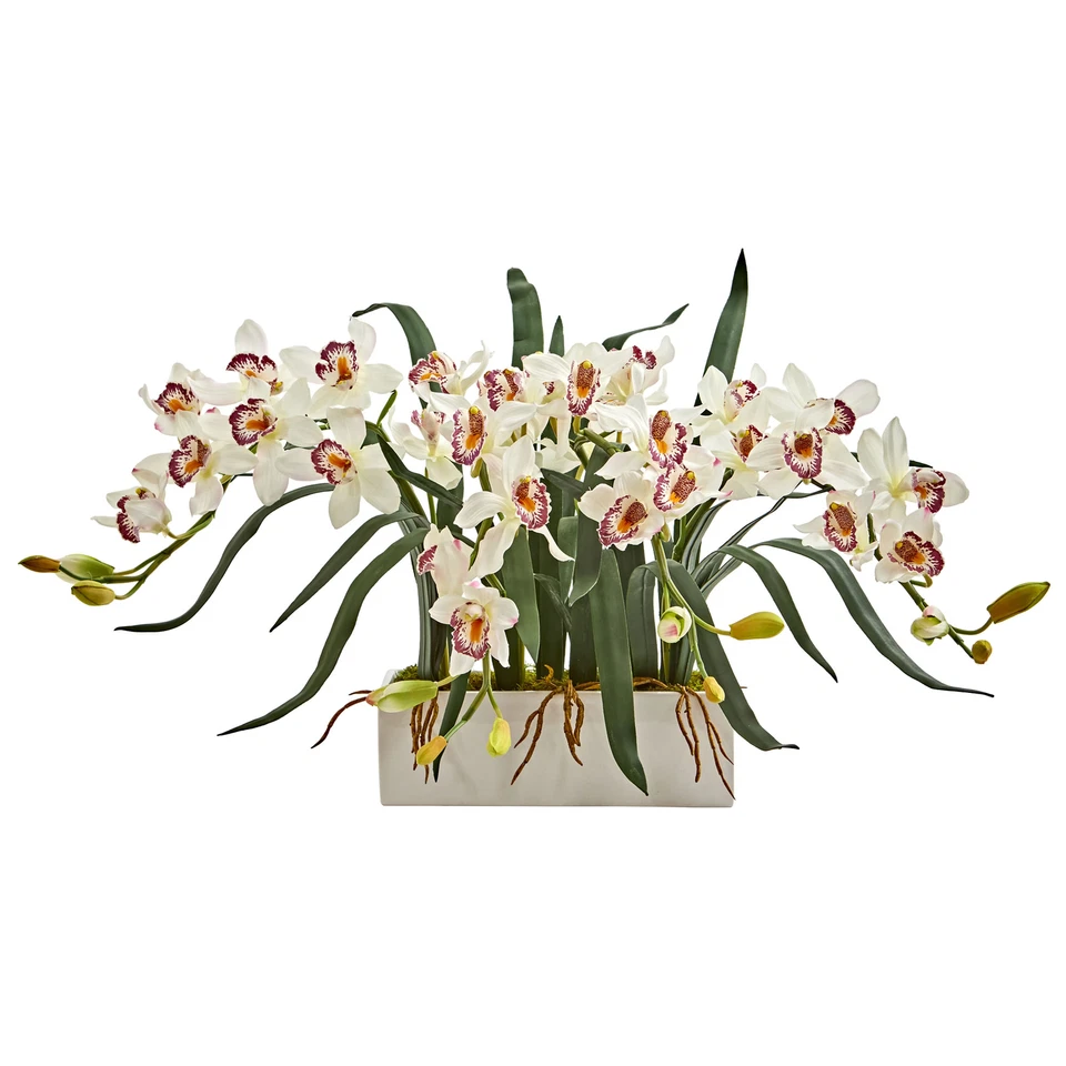 Cymbidium Artificial Arrangement In Vase Nearly Natural White Home Decor 15"H - Image 1 of 1