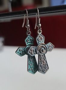 Patina Green Tone Vintage Inspired Cross Crux Day to Night Drop Dangle Earrings