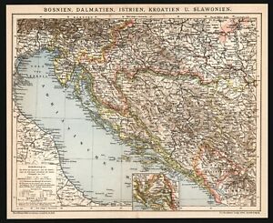 Landkarte anno 1899 - Kroatien Bosnien Montenegro Serbien Adria Fiume Zara Kotor