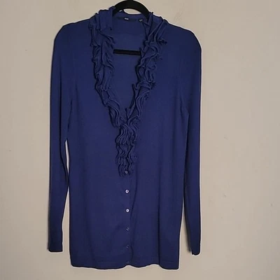 Cárdigan suéter Boss cuello con volantes púrpura oscuro seda cachemir talla L ajustado cuello en V Foto 1 de 4