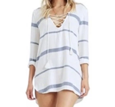 Traje de baño Billabong Same Story blanco azul a rayas con capucha talla pequeña Foto 1 de 4