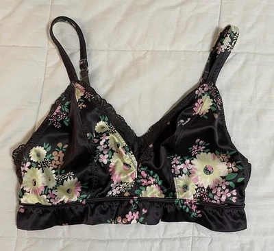 Aerie Black Floral Lace Trim Padless Bra Bralette Sz XL Adjustable Satin New - Image 1 of 4