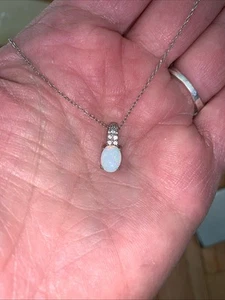 OVAL OPAL NECKLACE PENDANT W/ Clear Stone / 925 STERLING SILVER / 18'' - Picture 1 of 5