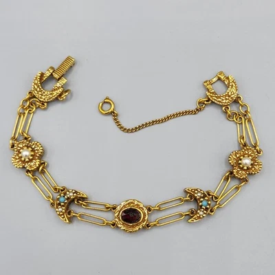 Goldette NY Victorian Style Moon Faux Pearl Turquoise Paperclip Bracelet 7.5" - Image 1 of 4