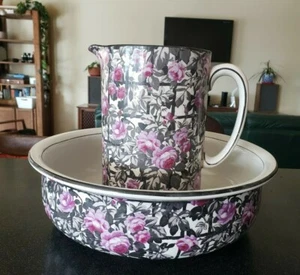 ANTIQUE 1910 ART DECO PINK ROSE WILKINSON ROYAL STAFFORDSHIRE WASH BASIN PITCHER - Picture 1 of 8