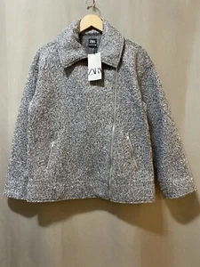 NWT ZARA Women Long Sleeve Collar Zip Brush Texture Felt Biker Jacket SZ S Gray - Picture 1 of 19