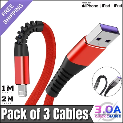 Heavy Duty Braided Long USB Fast Charger Cable Lead For iPhone 14 13 12 11 X 7 8 - Image 1 of 4