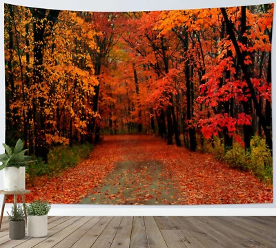 Red Maple Leaf Forest Scenery Fall Tapestry Wall Hanging Bedspread Home Decor - Image 1 of 4