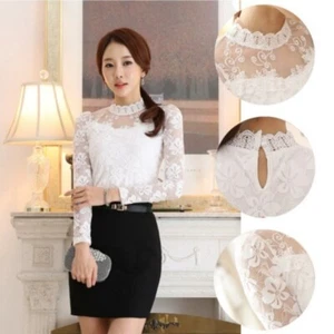 Lady Lace Mesh Shirt Floral Chiffon Blouse Stand Collar Tops Slimming Sexy Basic - Picture 1 of 20
