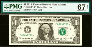 Top Pop 2013 $1 FRN Atlanta Star PMG 67EPQ highest graded star Fr 3002-F* - Picture 1 of 4