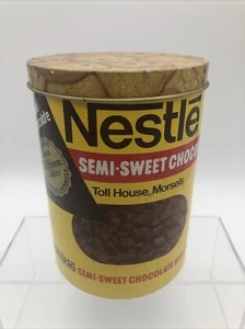 Vintage Nestle Semi-Sweet Chocolate Morsels Round Tin with Lid 7.5” H x 5.5” D - Picture 1 of 8