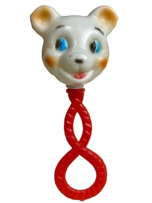 1960s Vintage Plastic Smiling Dog Bear w/Rosie Cheeks Baby Rattle Rattler - Image 1 of 4