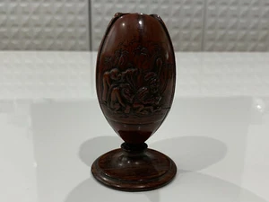 Antique Likely Asian Carved Wood Flower Bud Form Vase Monkeys Ship & Island Dec. - Picture 1 of 10