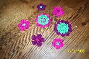 7 Häkelblumen - Applikationen, Aufnäher, gehäkelt, 100 % Baumwolle, # 964 - Bild 1 von 1