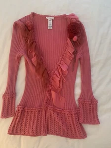 Christian Lacroix Bazar V-neck Silk Blend Ruffle Cardigan Sweater Pink Size M - Picture 1 of 8