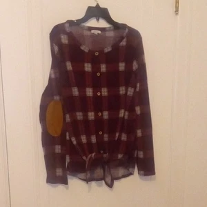 Kariertes Hemd mit Knopfleiste und Ellenbogenpatches vorne zum Binden, XL - Bild 1 von 2