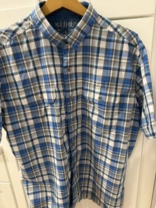 Kuhl Men's Short Sleeve Blue Plaid Shirt Size Large Pockets Blue White Grey Logo - Picture 1 of 7